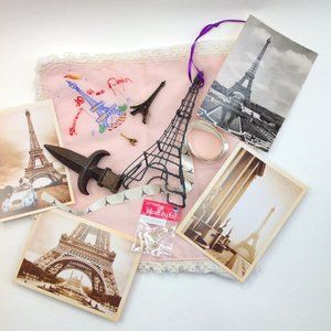Paris Eiffel Tower Charm Decor Postcards Ribbon Hankie